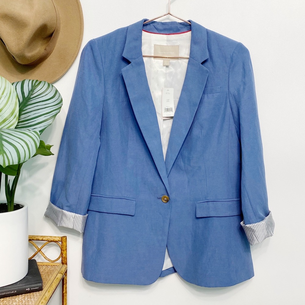 NWT BANANA REPUBLIC Silk Linen Tipo Blue Blazer Petite